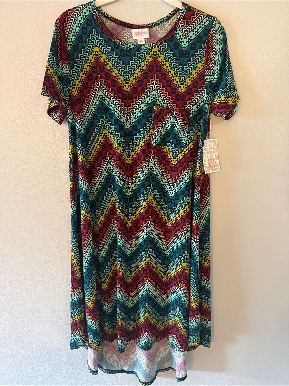 LuLaRoe Carly Dress in Teal, Burgundy & Mustard Aztec Print